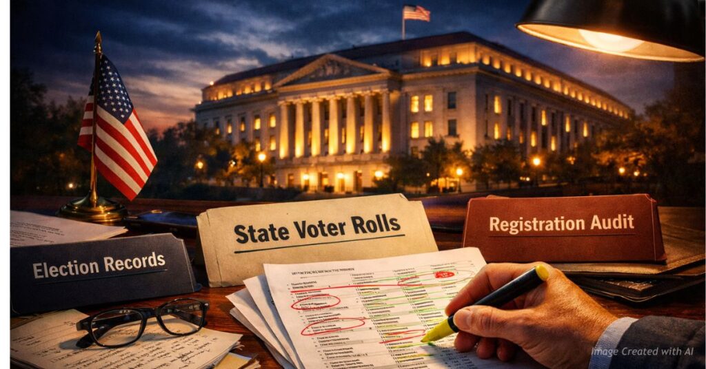 DOJ investigators reviewing voter roll documents with Justice Department headquarters in background.