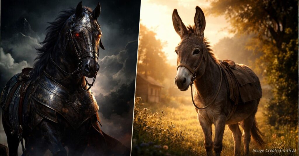 Contrast between warhorse and donkey representing two forms of power