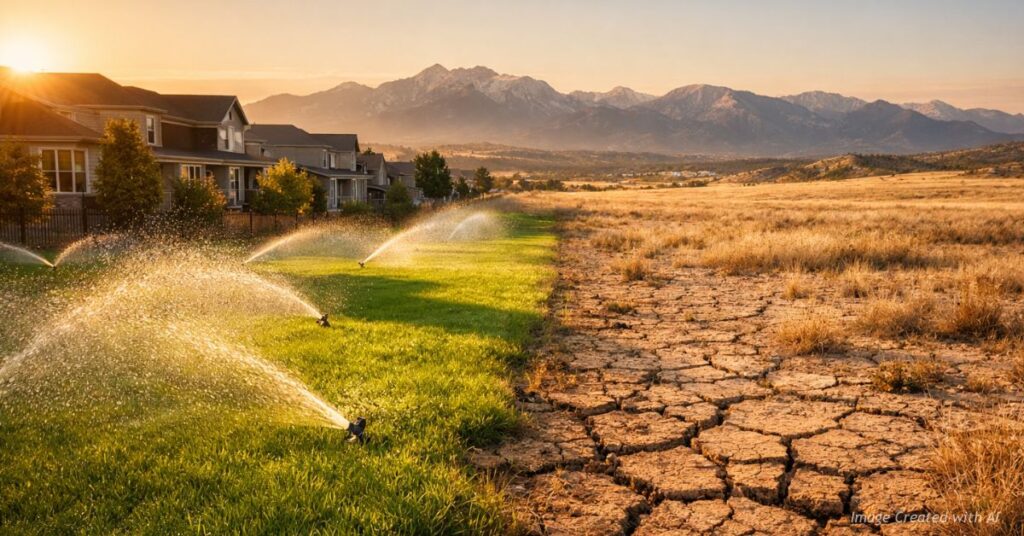 Green lawns contrast with dry open land near Castle Rock during drought