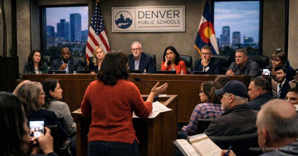 Graphic illustrating debate between school policy and immigration enforcement.