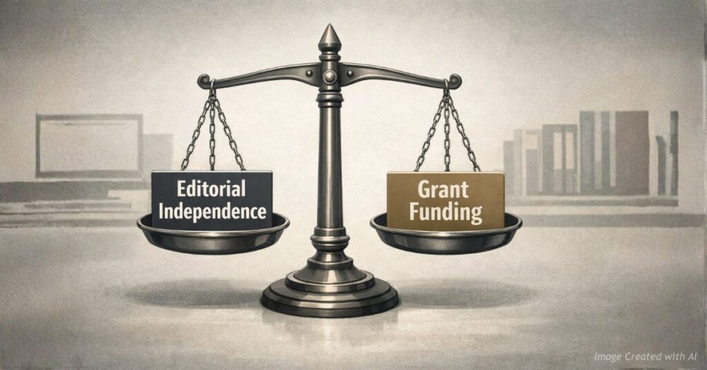 Balance scale comparing editorial independence and grant funding.
