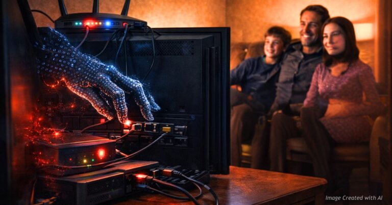 Family watches TV as digital hands hack devices behind screen