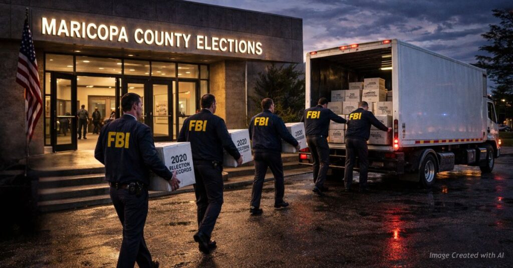 FBI agents carry boxes labeled 2020 election records from the Maricopa County Elections building during an investigation.