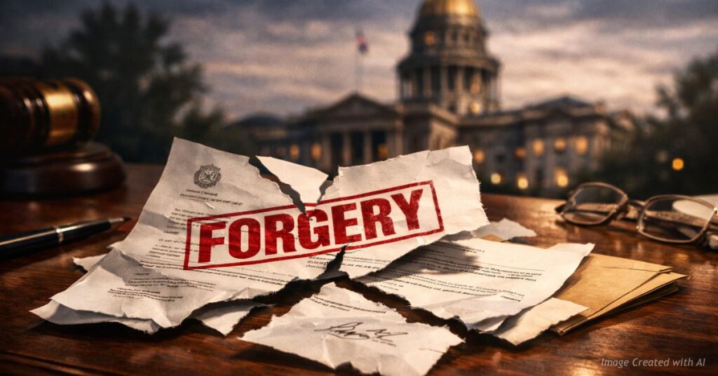 Forged letters on desk with Colorado Capitol in background symbolizing political scandal