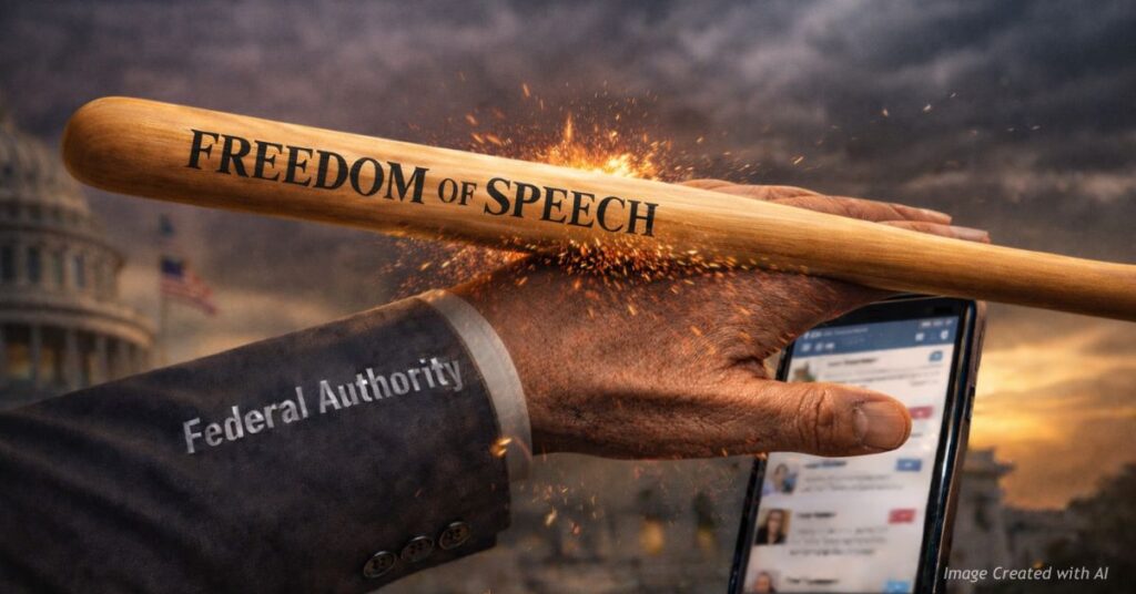 Bat labeled Freedom of Speech strikes federal authority hand over social media phone