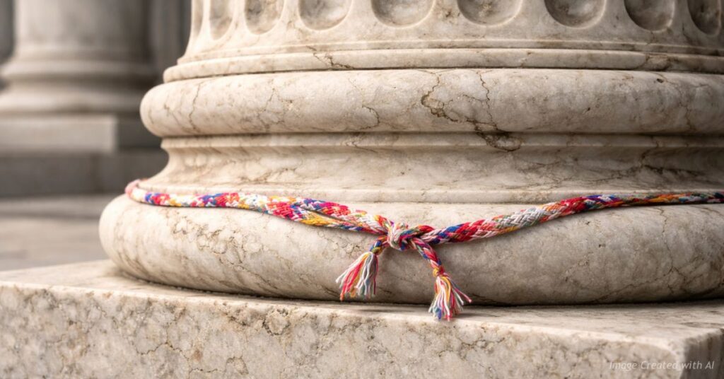 A colorful friendship bracelet tied around a marble capitol column, contrasting civic solemnity with sentimental gesture.