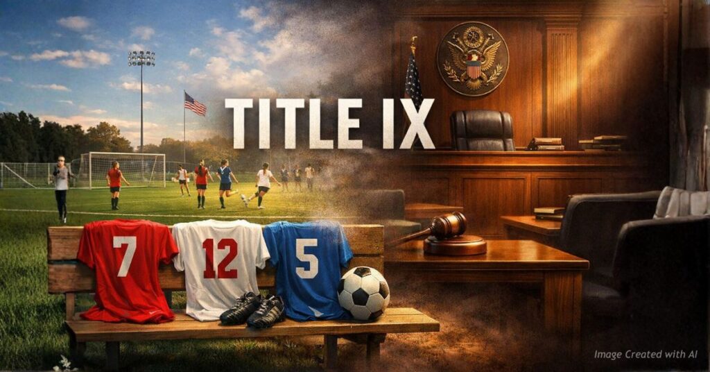 Girls soccer field blending into courtroom symbolizing Title IX decision