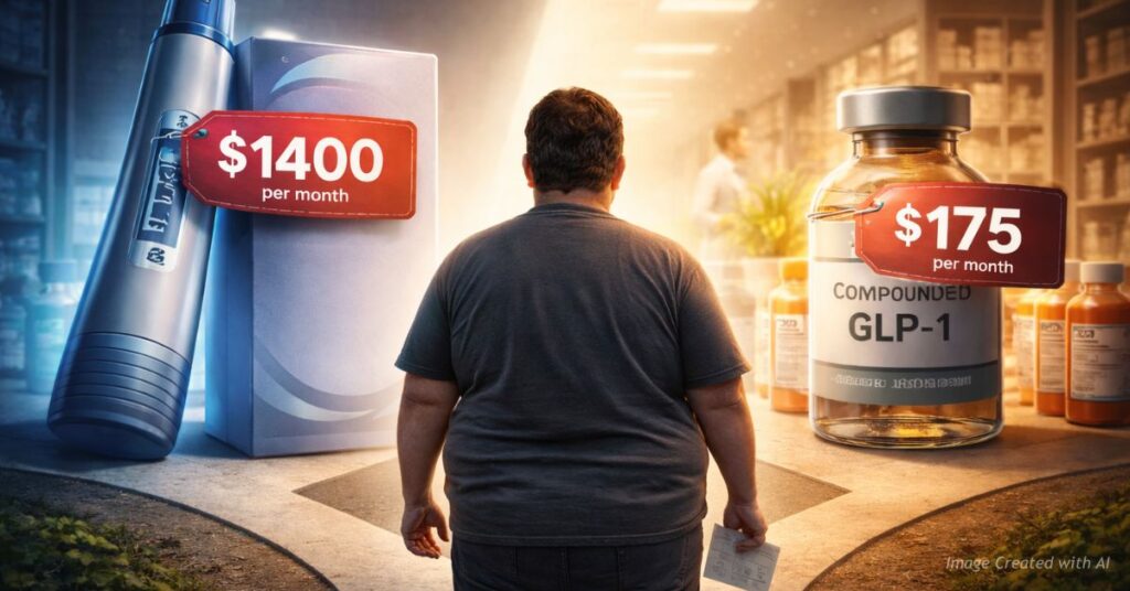 Patient choosing between expensive brand-name GLP-1 drug and affordable compounded medication.