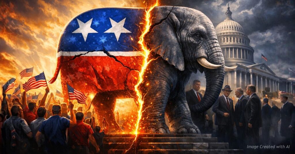 Split Republican elephant showing divide between grassroots conservatives and party establishment.