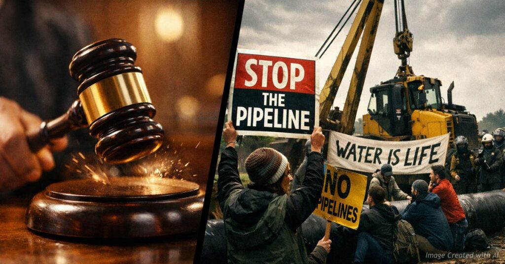 Court gavel and pipeline protest scene symbolizing legal judgment against activist protests.