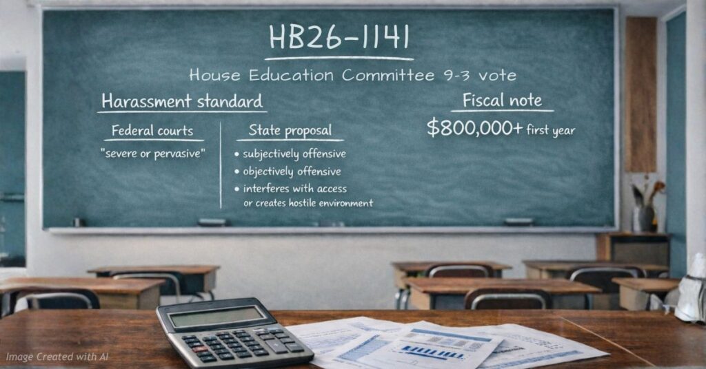 Colorado classroom chalkboard graphic summarizing HB26-1141, comparing federal and proposed state harassment standards and noting an $800,000 first-year fiscal note.