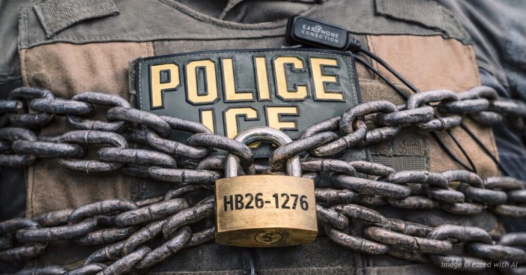 Police vest labeled ICE wrapped in chains with padlock marked HB26-1276, symbolizing enforcement restrictions