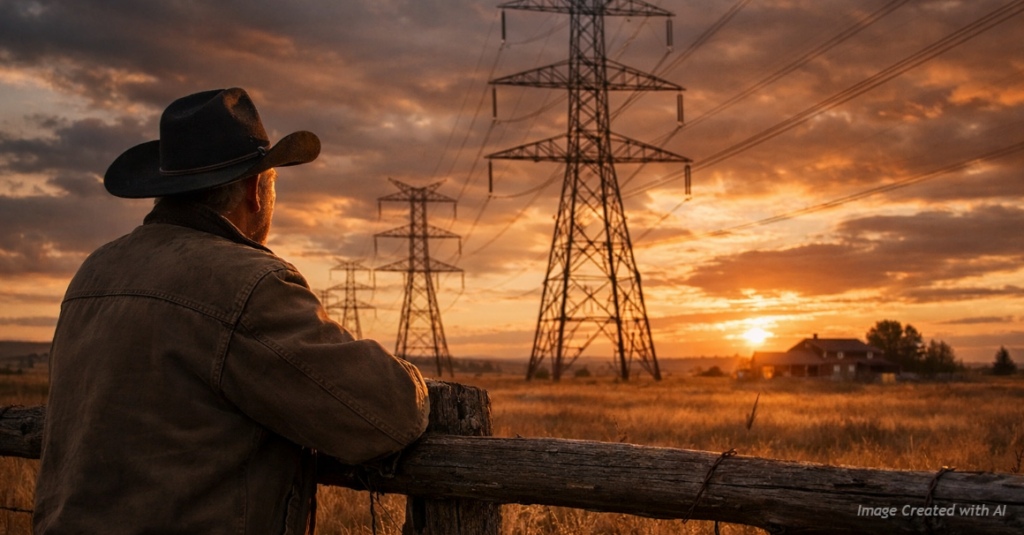 Colorado rancher looks toward transmission towers crossing prairie amid eminent domain dispute.