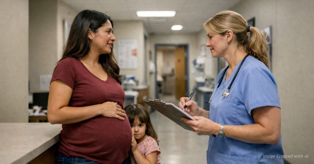 Pregnant immigrant mother speaks with nurse while shy young daughter hides behind her leg in clinic intake scene.