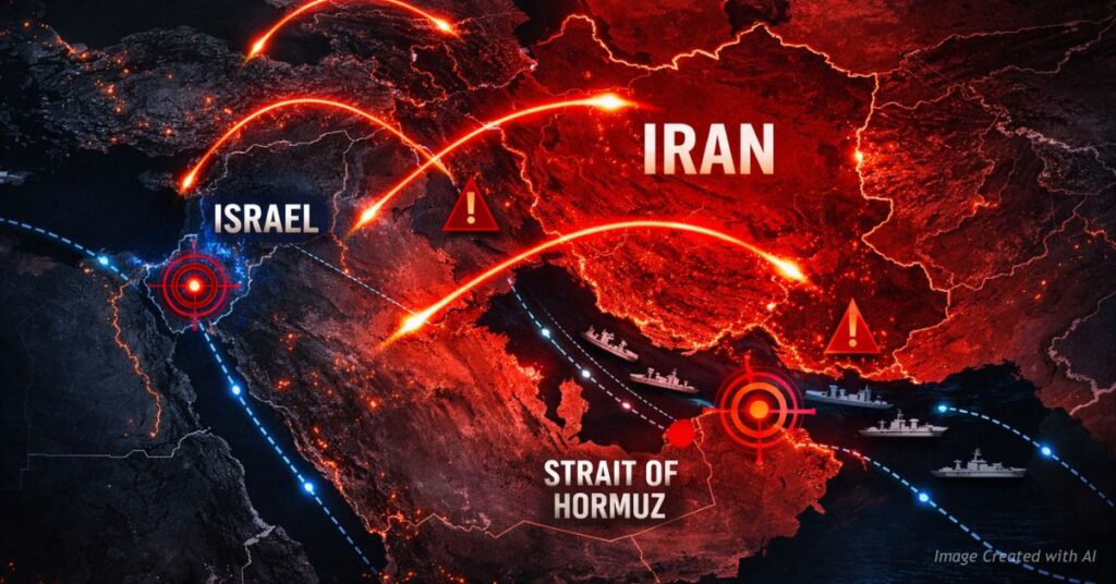 Map showing missile paths and naval routes in Iran conflict around Strait of Hormuz.