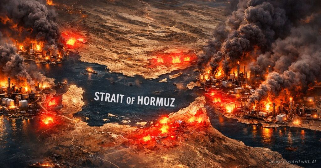 Map of Gulf region with burning energy sites symbolizing conflict escalation