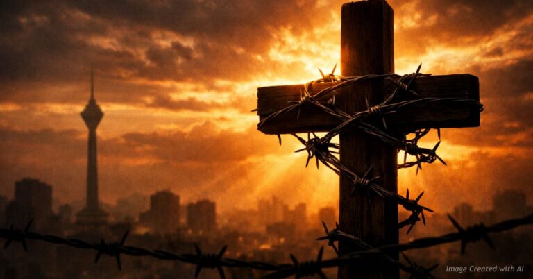 Cross behind barbed wire over Tehran skyline symbolizing persecuted church