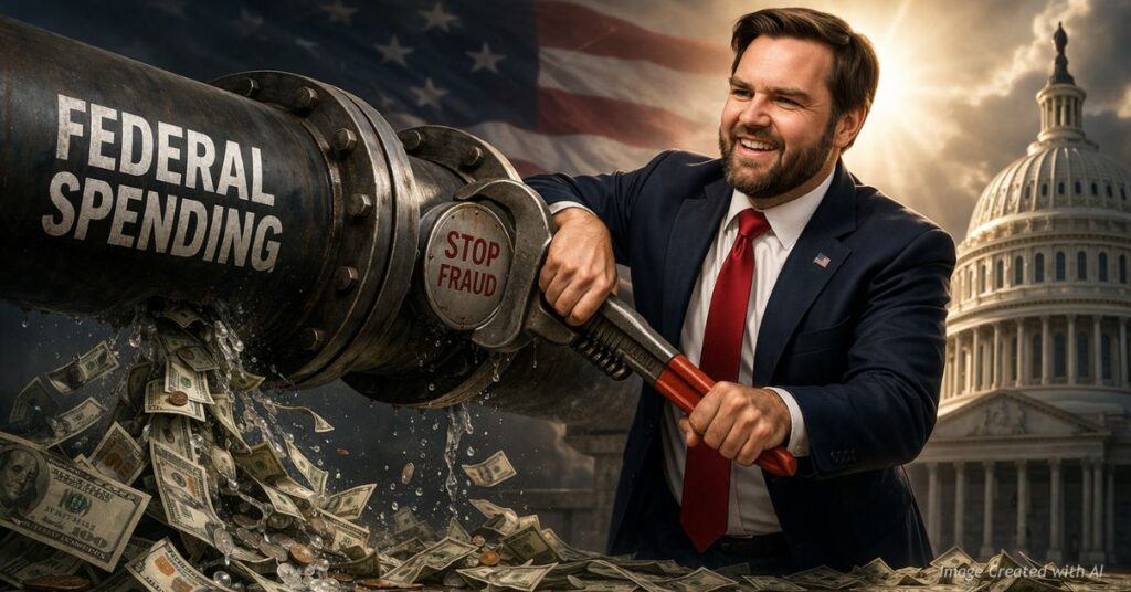 JD Vance sealing a leaking federal spending pipe spilling taxpayer money