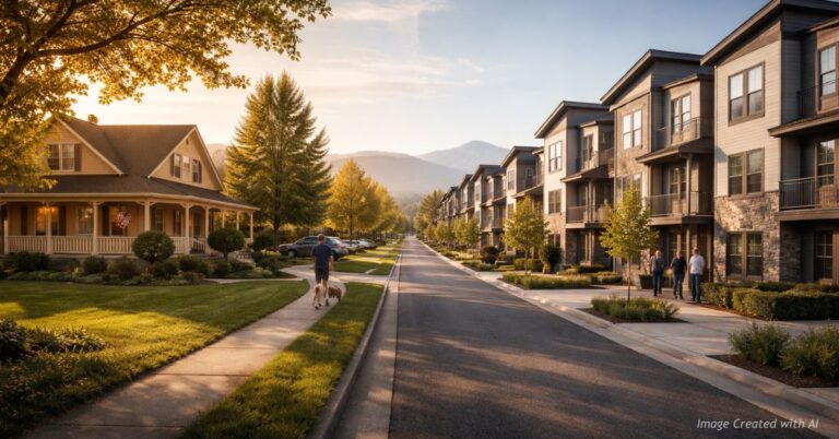 Residential street with diverse housing options