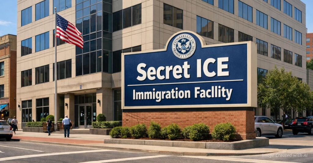 Public office building with ironic Secret ICE Immigration Facility sign