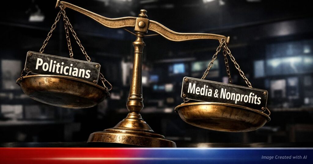 Tilted justice scale showing imbalance in media accountability