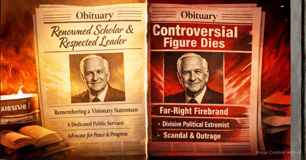 Split newspaper obituaries showing contrasting media framing of public figures