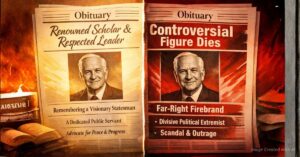 Split newspaper obituaries showing contrasting media framing of public figures