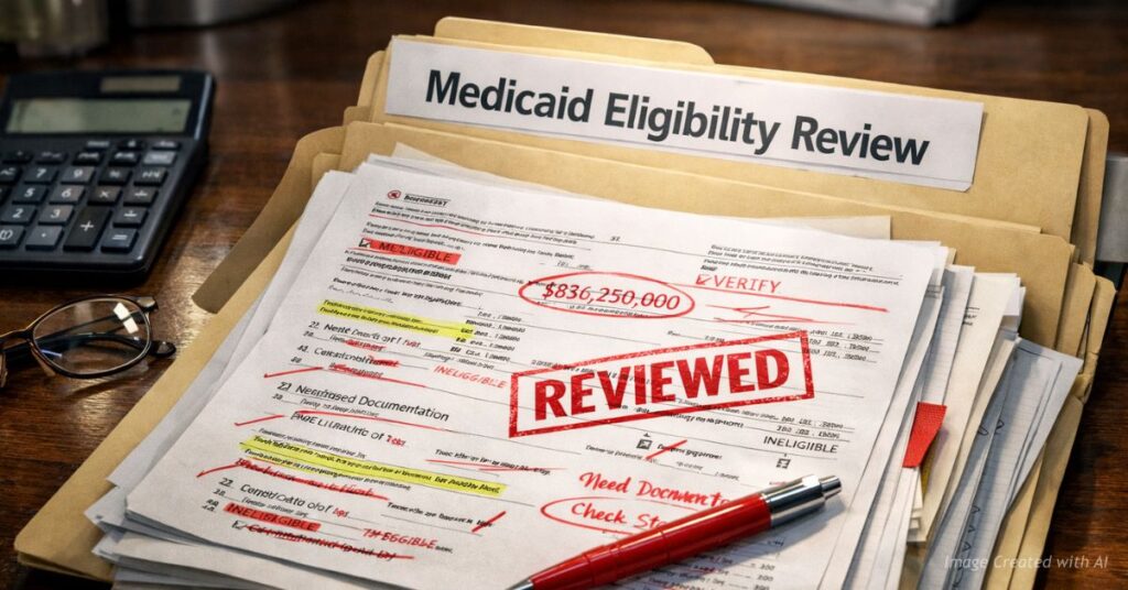Medicaid eligibility documents marked reviewedMedicaid eligibility documents marked with red audit notes on a government office desk.