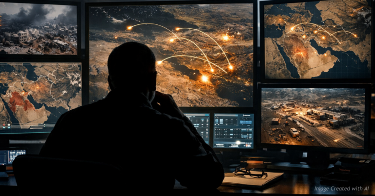 Military analyst reviewing satellite maps of Iran conflict on multiple screens