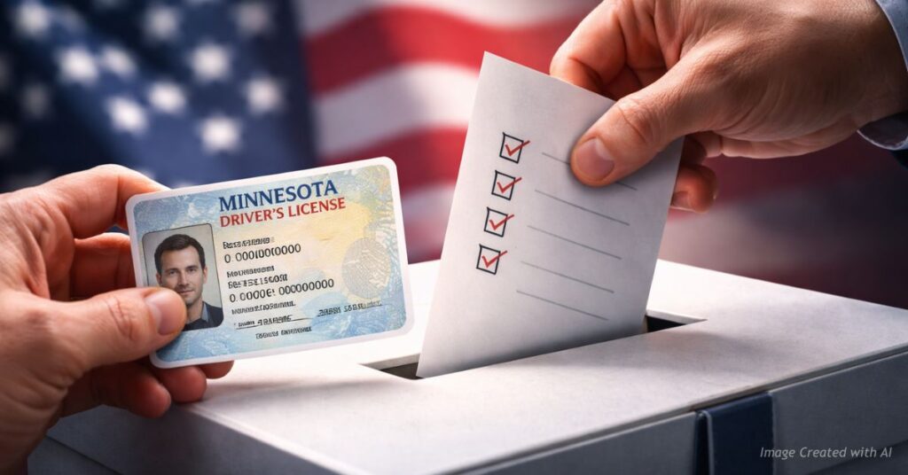 Driver’s license beside ballot being cast symbolizing debate over voter eligibility.