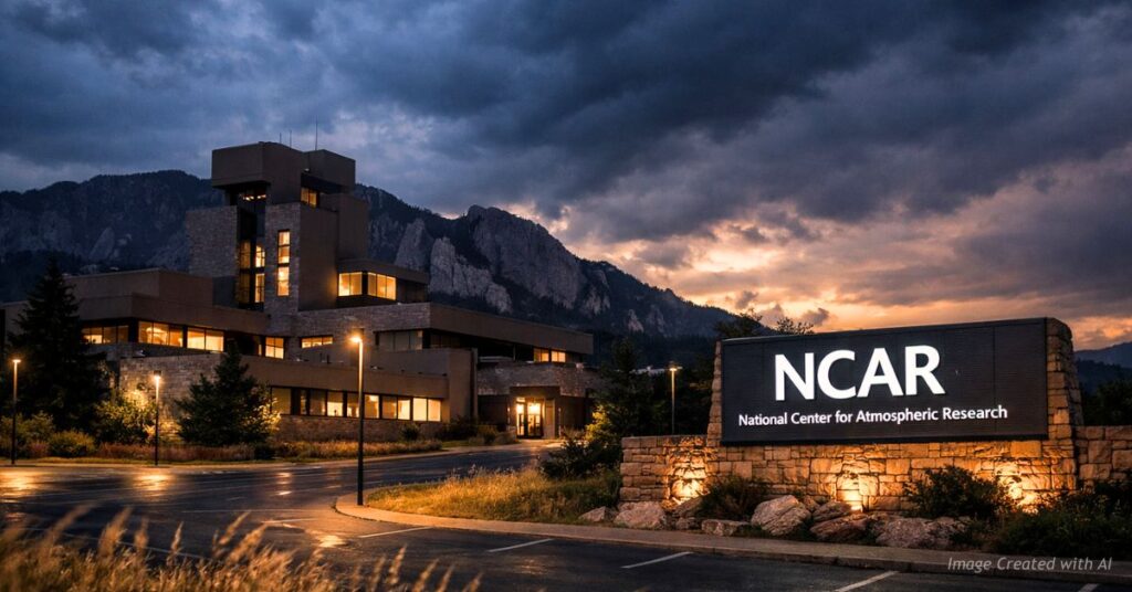 NCAR Mesa Laboratory in Boulder at dusk with visible signage and dimming lights
