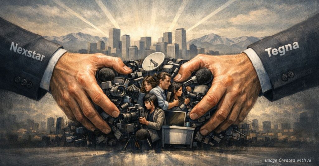 Corporate hands labeled Nexstar and Tegna compress Denver journalists and media into one group