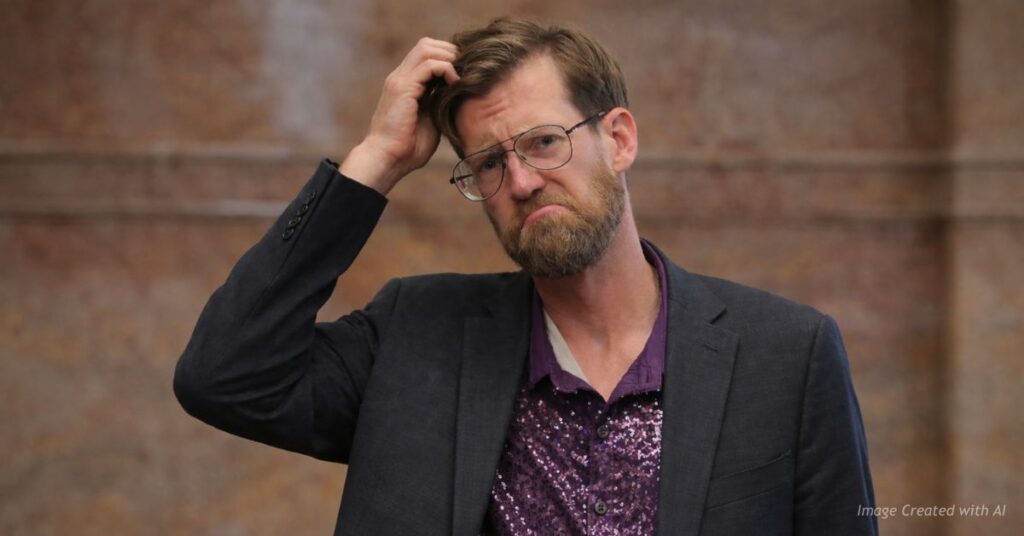 Colorado Sen. Nick Hinrichsen scratching his head with a frustrated expression inside the Colorado State Capitol.