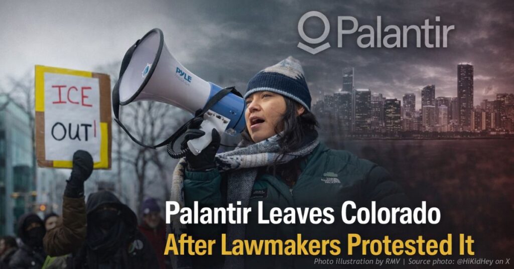 Colorado senator speaking through a megaphone during a protest outside Palantir’s Denver office, with a sign reading “ICE OUT,” illustrated in a Rocky Mountain Voice banner about the company relocating its headquarters.