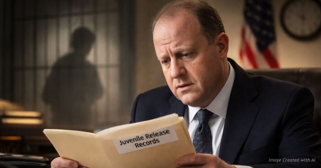 Gov Jared Polis reviews juvenile release records as silhouette of detained youth appears behind him