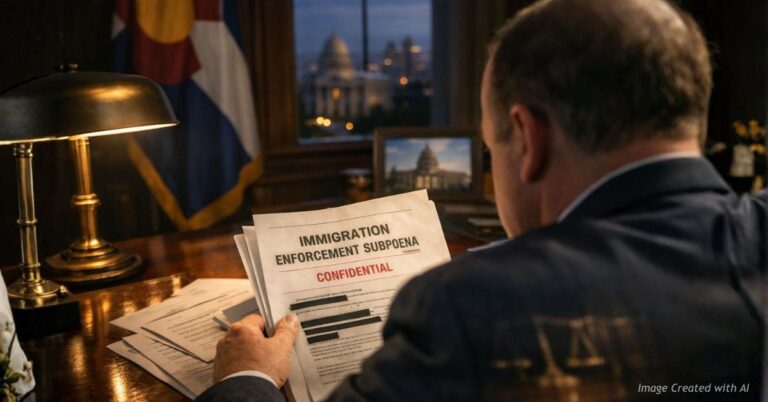 Over-the-shoulder view of Governor Polis reviewing immigration subpoena documents at desk