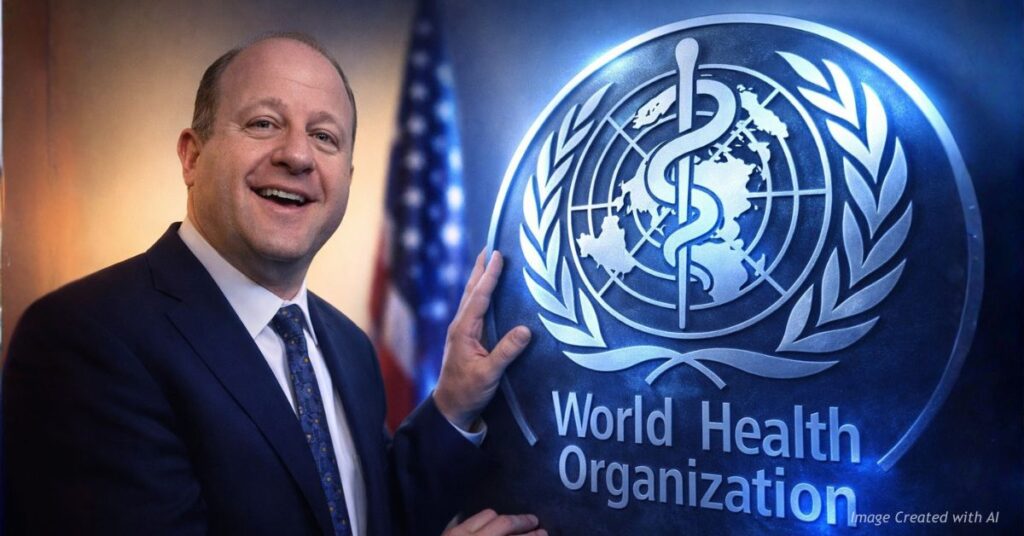 Gov Jared Polis stands beside large WHO logo highlighting Colorado global health partnership