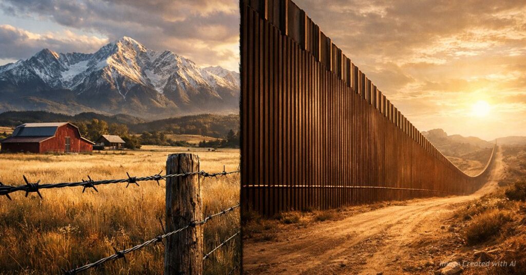 Split image showing ranch fence and border fence representing property rights and national boundaries.