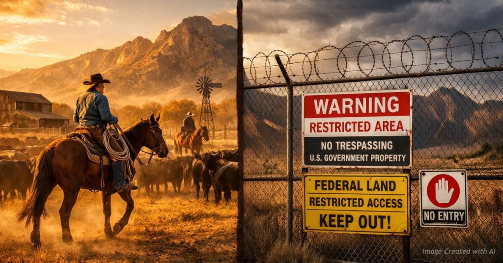 Split image of ranching land vs restricted federal land symbolizing policy conflict