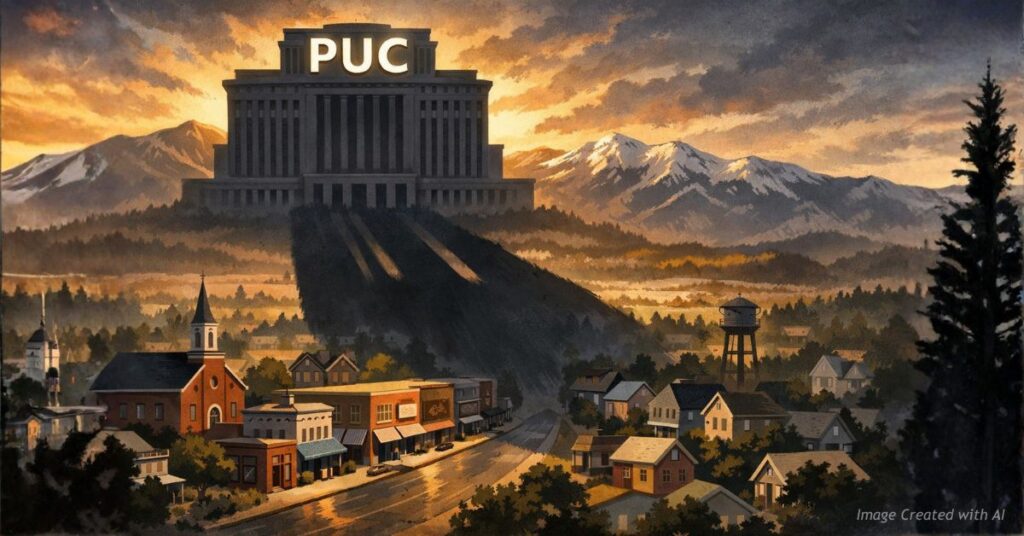 Large PUC building casting shadow over Colorado towns symbolizing state regulatory power