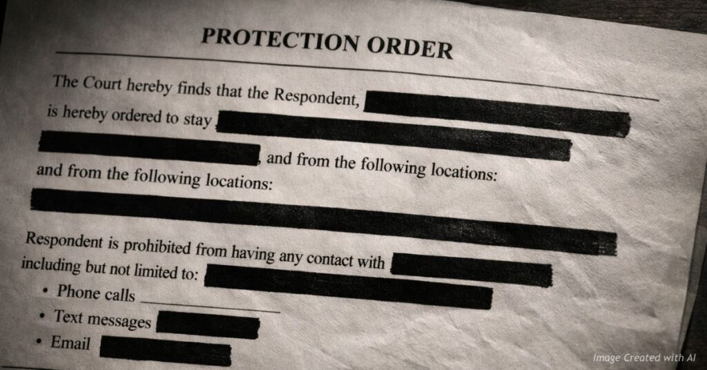 A redacted legal document with black bars covering names — representing the court orders that separated a Colorado family.