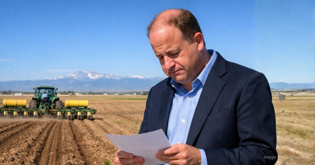 Gov. Jared Polis looks down at document as farmer plants field in eastern Colorado under clear skies