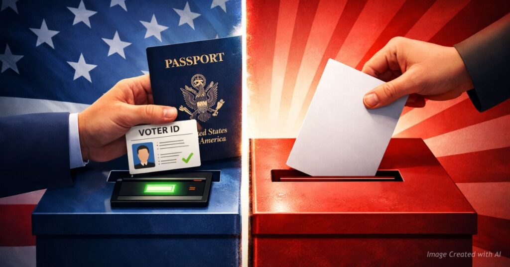 Ballot box with passport and voter ID symbolizing citizenship verification debate.