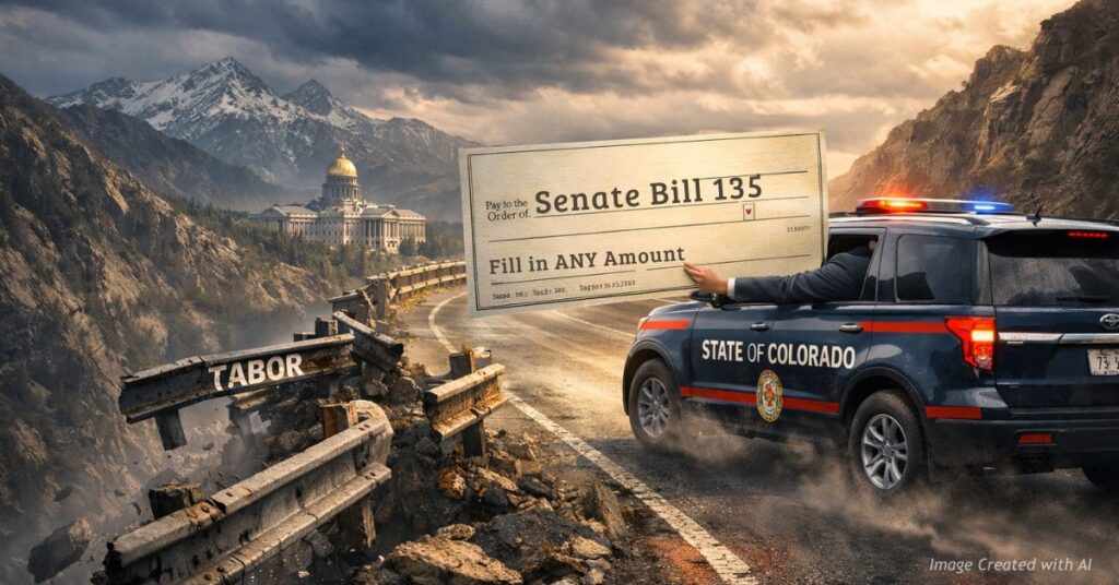 Colorado state SUV issues SB 135 check on road with broken TABOR guardrails