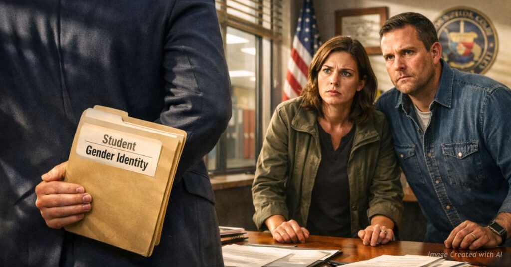 School administrator hides student file labeled gender identity from concerned parents.