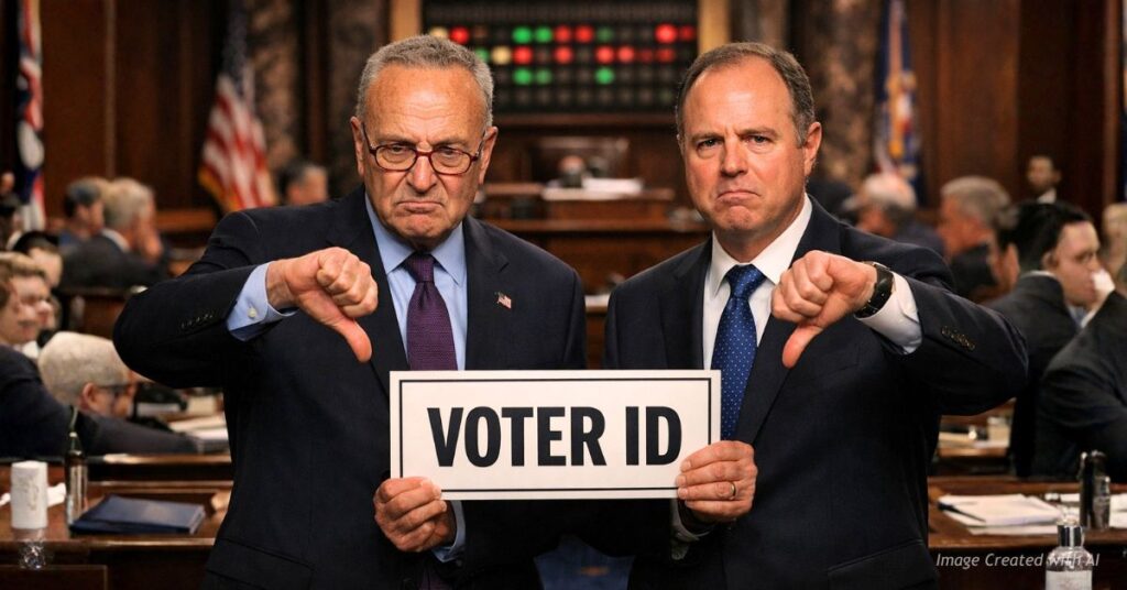 Schumer and Schiff give thumbs down holding Voter ID sign on Senate floor