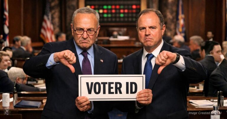 Schumer and Schiff give thumbs down holding Voter ID sign on Senate floor