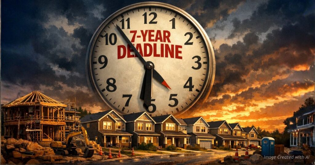 Clock labeled seven-year deadline over new housing construction
