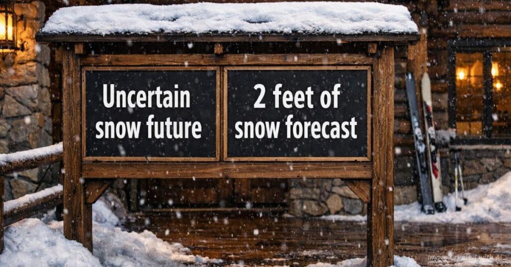 Ski lodge sign shows conflicting snow messages in Colorado