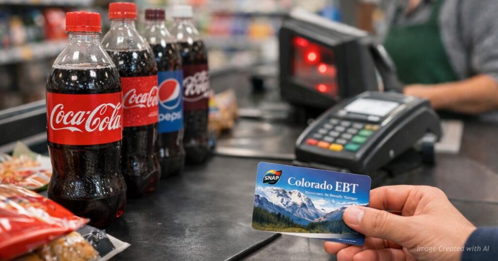 Customer at grocery checkout holding SNAP card with soda on conveyor belt.
